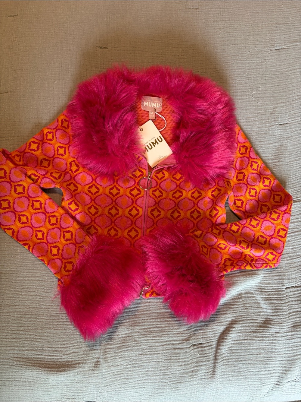 Show Me Your MuMu Hot Pink & Orange Faux-Fur Trim Jacquard Jacket
